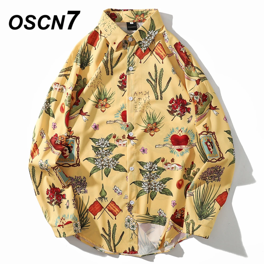 OSCN7 Повседневная рубашка с длинными рукавами и принтом Мужская Высокая уличная Осенняя женская рубашка ретро рубашки Harujuku Мужская рубашка 606
