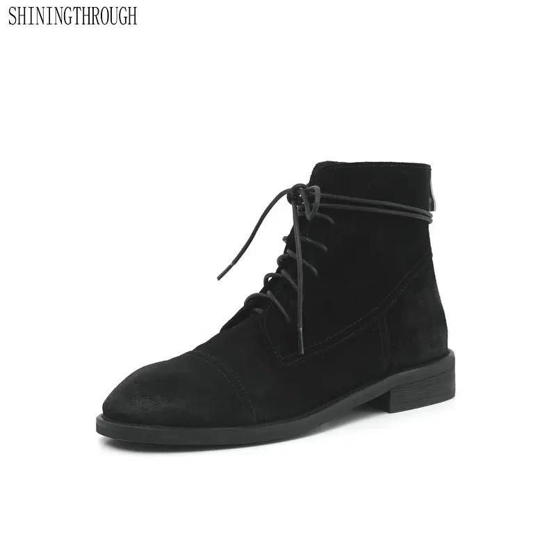 leather Motorcycle ankle Boots woman Corss-tied low heels Ladies casual Shoes Woman Genuine Leather Boots size 41 42 43 44