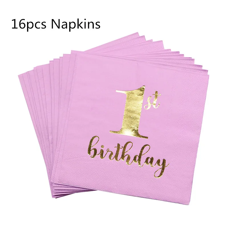 16pcs Napkins Одноразовые столовые приборы на 1-й день рождения, синие и розовые тарелки, салфетки для стаканчиков, соломенные, для детского душа, украшения для первого дня рождения - Color: 16pcs Napkins