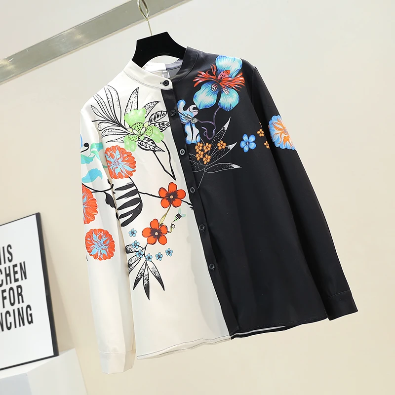 Spring 2020 New Retro Print Blouse Woman Slim-Fit Color Block Printed Stand-Collar Shirt Blouses Long-Sleeve Shirt Tops Female - 4.00068E+12