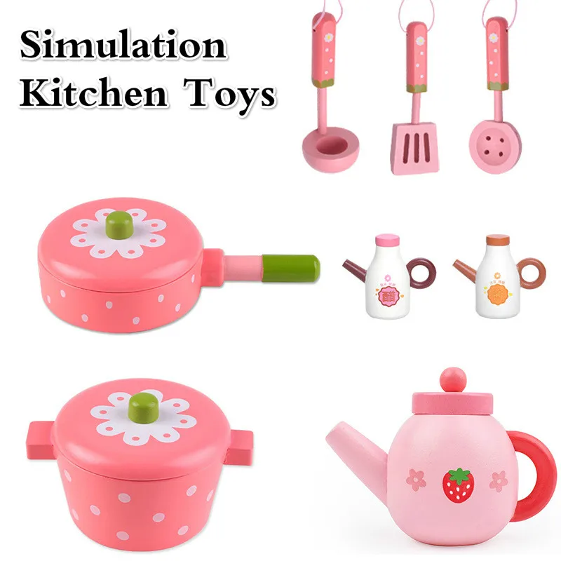 

Wooden Play House Simulation Kitchen Toy Mini Food Cooking Kitchenware Tea Set Tableware Condiment Toy Gifts for Kids