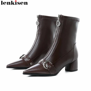 

2020 new arrivals cow leather pointed toe zipper bukle women ankle boots solid office lady runway concise warm winter shoes L93