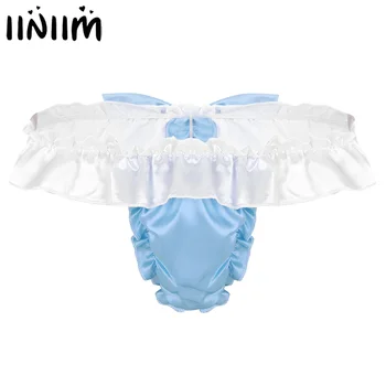 

Mens Sissy Panties Shiny Satin Ruffled Bowknot Underwear High Cut Bikini Tangas Thongs Underwear Gay Porno G-string Underpants