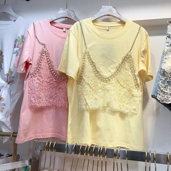 

Lose T-shirt for Women 2020 Summer New Europe Style Sling Splicing Hollow Lace Shirt Loose Short-Sleeved T-shirt Female Top