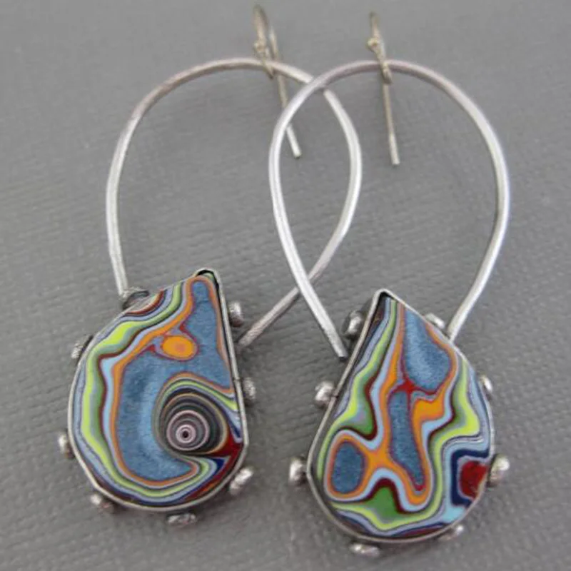Vintage Water Drop Colorful Resin Stone Earrings Boho Jewelry Spiral Marbling Pattern Big Dangle for Women | Украшения и