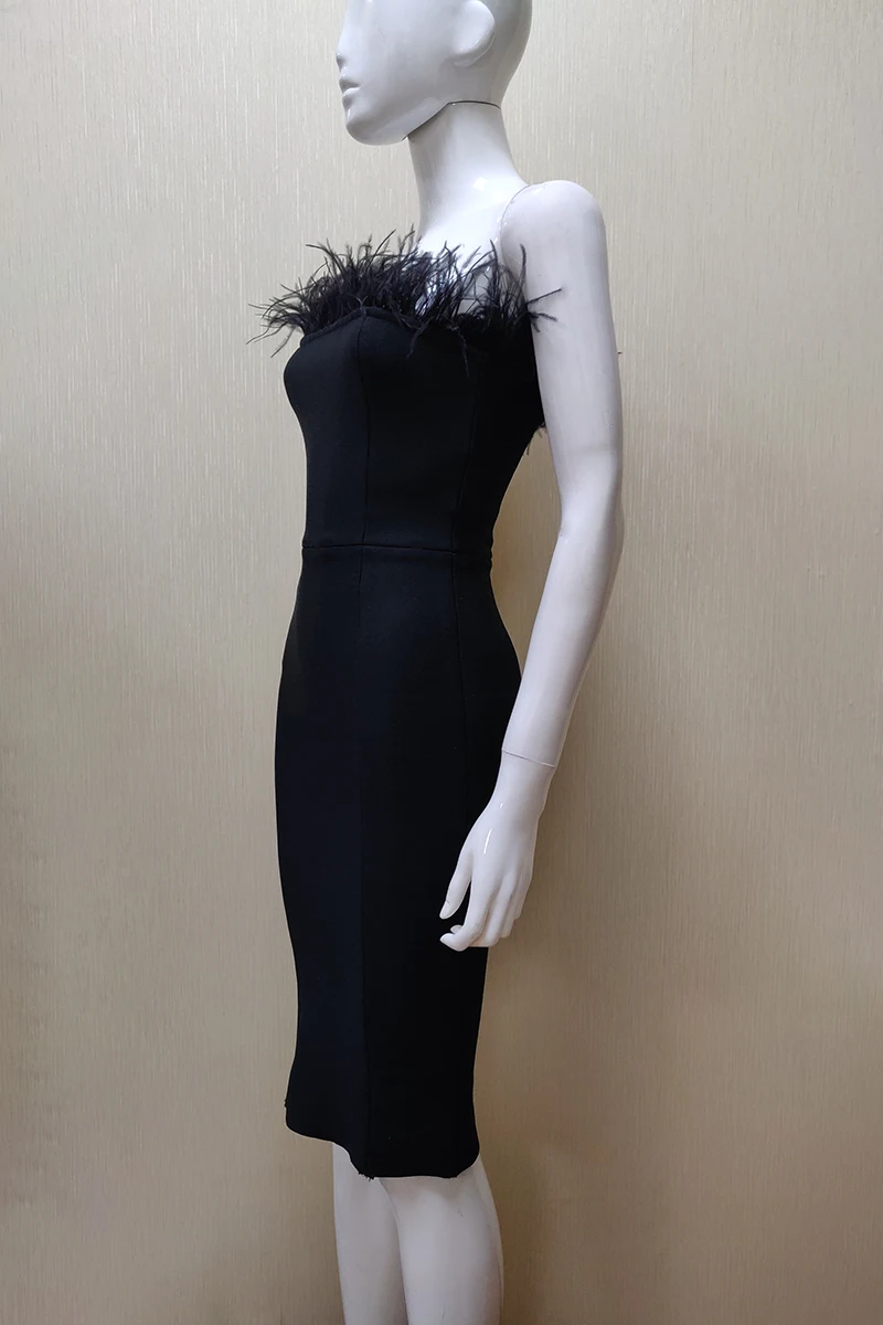 Черное женское летнее платье для вечеринки, vestidos, сексуальное,, без рукавов, без бретелек, элегантное, с боковыми перьями, Клубное, знаменитое, подиумное, Бандажное платье