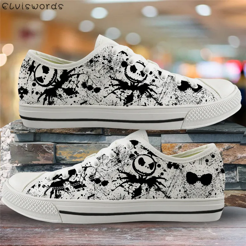 

ELVISWORDS The Nightmare Before Christmas Print Women Flats Light Lace-up Vulcanize Shoes for Ladies Girls Canvas Low Top Shoes