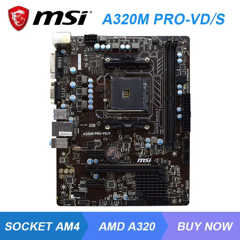 MSI A320M PRO-VD/S Motherboard AM4 Support Ryzen 5 1600x 3600x Cpus AMD A320 DDR4 32G PCI-E 3.0 VGA DVI SATA3 6×USB3.1 Micro ATX |