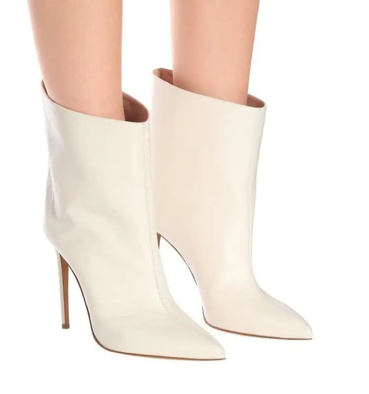 

Runway Black White Leather Ankle Boots For Women Pointed Toe Slip On Zapatos De Mujer High Heels Winter Boots Women Fashion Show