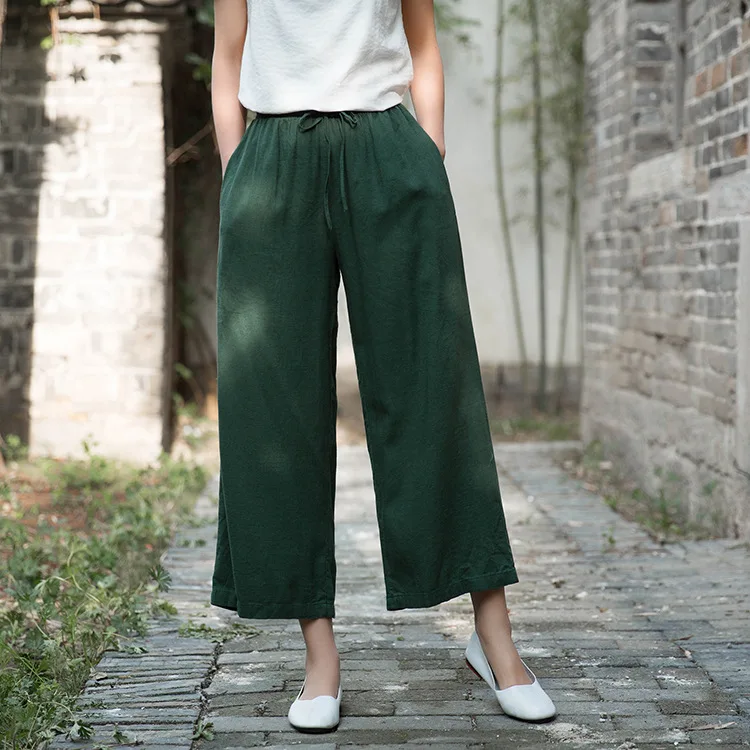 Johnature 2020 Autumn Women New Retro Elastic Waist Cotton Linen Lace Up Wide Leg Pants Loose Casual All-match Ankle-length Pant
