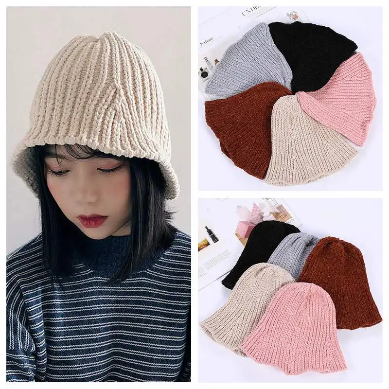 Women Knitted Wool Bucket Hat Autumn Winter Girls Casual Elegant Cap Solid Color Fisherman Hat Warm Beanie
