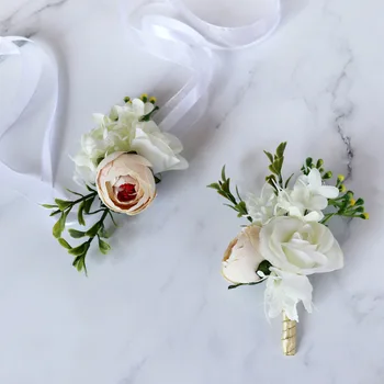 

ou shi jiao tang Wedding Corsage Wrist Flower White + Champagne Bride and Groom jin hua Friends and Sisters Wrist Flower Wedding
