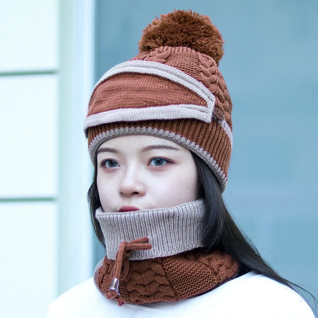 Трехсекционный Женский Теплый однотонный плюс утолщенная шапка шарф перчатки Набор для улицы теплая маска шапка Зимний вязаный шарф Женская ветрозащитная шапка