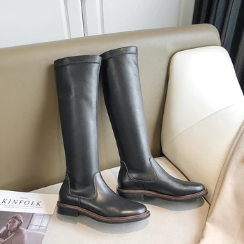 

Genuine Leather low Heels Women Vintage Knee High Boots Party Prom Shoes Woman Winter Long Boots size 41 42