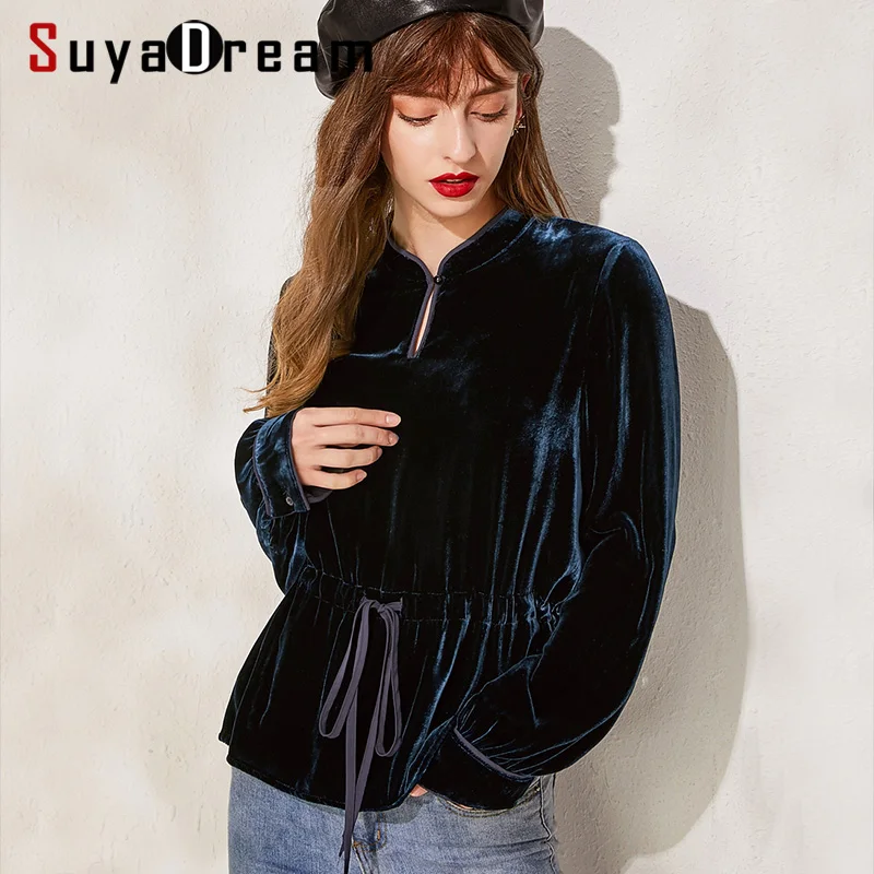 SuyaDream с длинными рукавами воротник-стойка с поясом на талии велюровые блузки однотонная Офисная Женская блузка рубашка Осенняя рубашка