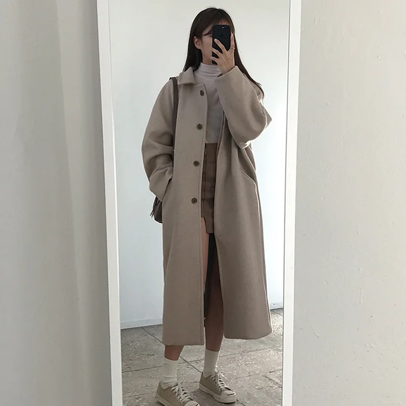 Корейский стиль, стиль 2019ins, первая любовь, осень и зима, длинный однобортный шерстяной пиджак, студенческое шерстяное пальто, модное