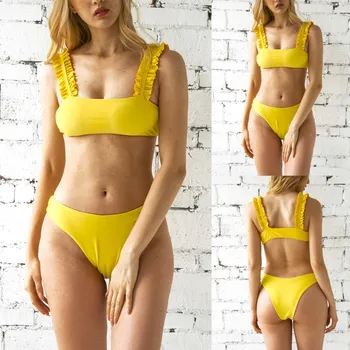 

2020 Latest Women Sexy Bathing suit Solid Color Ruffle Biquini Tops Split Underwear Set Push Up Padded Female Intimates Tankinis