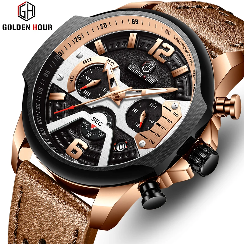 Часы наручные мужские Кварцевые водонепроницаемые с ремешком из натуральной