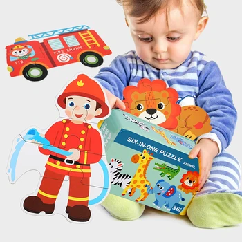 

Toddler Fun Cartoon Animals Elephant Lion Jigsaw Early Educational Toys 6-in-1 Kids Vehicles Bus Wooden Puzzle Game Box Gifts