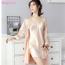 Женский пижамный комплект на бретельках, шелковые пижамы, 3 Peices, одежда для сна для женщин, с длинными рукавами, дышащий, сексуальный домашний халат