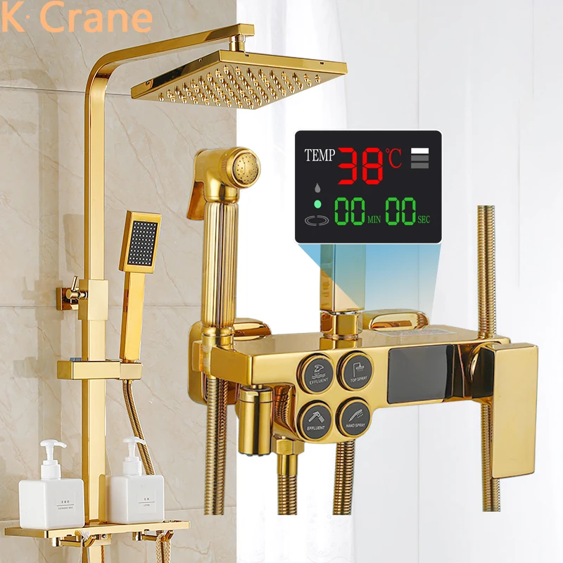 Gold Shower System Set Bathroom Hot Cold Mixer Digital Thermostatic Bath Faucet Wall Mount SPA Rainfall Grifo Luxury Torneiras |