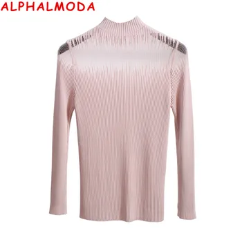 

ALPHALMODA 2020 Spring Women Sexy Perspective Knitting Sweater Long-sleeved Pullovers Solid Slim Bottom See-through Jumpers