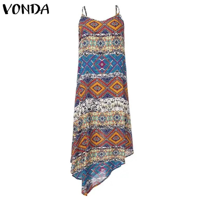 Асимметричное платье VONDA, женское сексуальное платье без рукавов в стиле ретро, пляжный сарафан, богемное повседневное Свободное платье, размера плюс