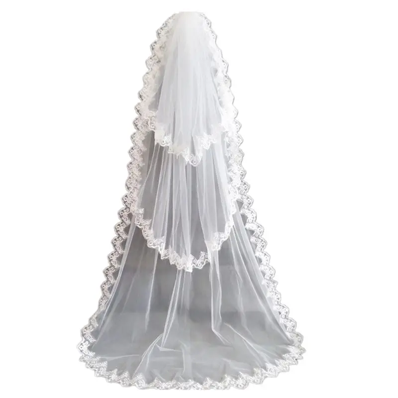 

Bridal Veil 3 Layers Trailing Long Cut White Lace Floral Edge Wedding Accessory