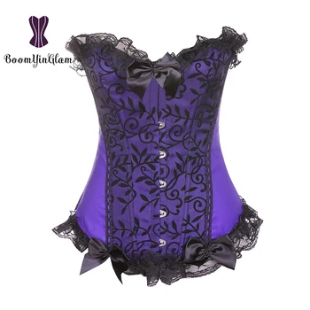 

Girl's Purple Satin Lace Trim Overbust Corset Dancer Showgirl Barlesque Corsets and Bustiers Lingerie Tops Waist Cincher Plus