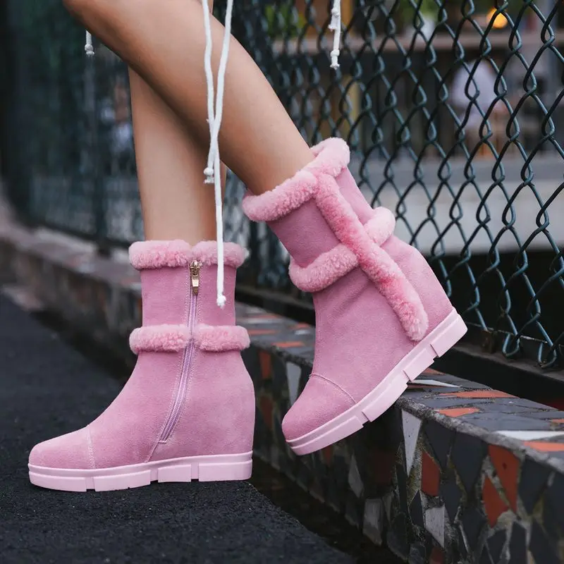 EGONERY Rabbit wool snow boots cute pink platform warm ankle boots fashion winter outdoor zipper black women's shoes
