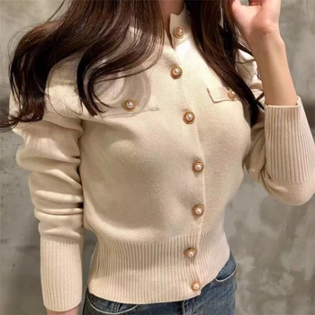 

Women O-Neck Knitted Full Sleeve Cropped Buttons Slim Sweaters Cardigans Lady Single-breasted Sweater Crop Tops for Female