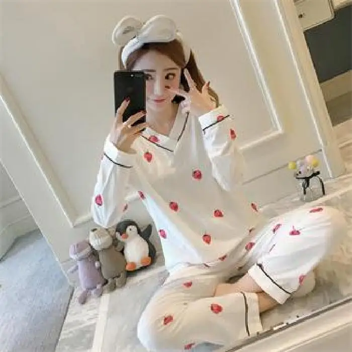 

Shengyi New Style Pajamas Women's Spring And Autumn Long Sleeve V-neck Pure Cotton Set-Outer Wear Korean-style Strawberry Sweet
