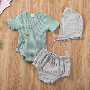 

Pudcoco Newborn Baby Boy Girl Clothes Solid Color Short Sleeve Romper Tops Short Pants Headband 3Pcs Outfits Cotton Clothes