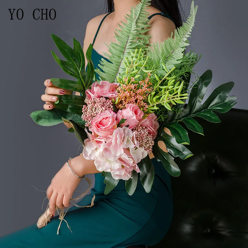 Йо Чо Свадебный букет невесты фотографии Свадебные Поставки искусственный шелк Роза Гортензия цветок Cycas ребенка дыхание лес стиль
