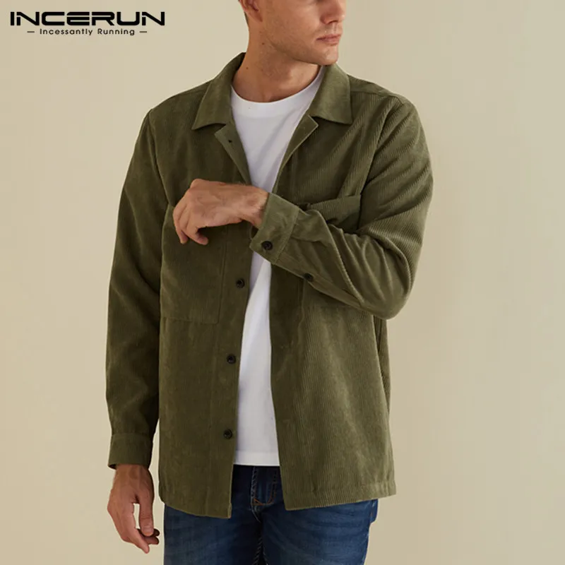 

INCERUN Vintage Casual Men Solid Corduroy Pockets Long Sleeve Stylish Shirt High Street Button Up Comfort Mens Blouse Plus Size