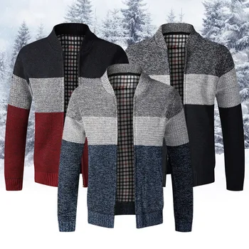 

2020 Autumn Men Stand Collar Zip Up Sweater Jacket Color Patchwork Cardigan Sweater Men Clothes Knitted Outerwear Sweater Coat