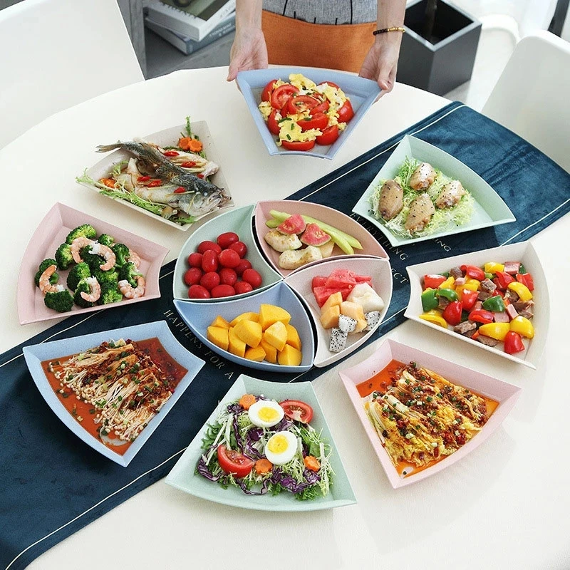 Creative Wheat Straw Platter Set Combination Plate Fruit Salad Dinnerware Tray Household Cutlery Fan Shaped Tableware | Дом и сад