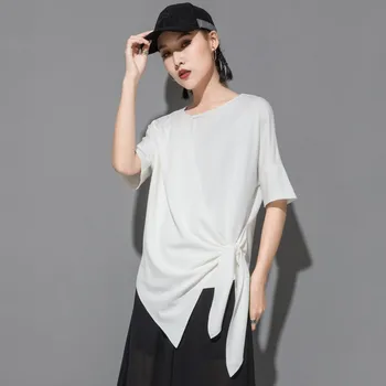 

Loose Fashion Brand Bow Slimming Short Sleeve Tops And Pullovers Female Side slid Tees Streetwear Irregular T-shirt