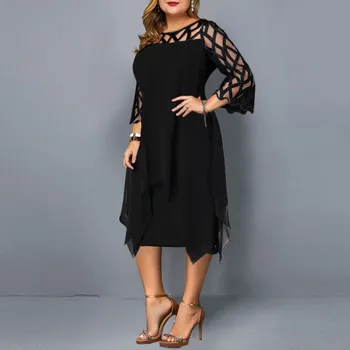 

Plus Size Dress Women Perspective Mesh Chiffon Hollow Out Double Casual Winter Dress Ropa Mujer Sukienki Vestidos