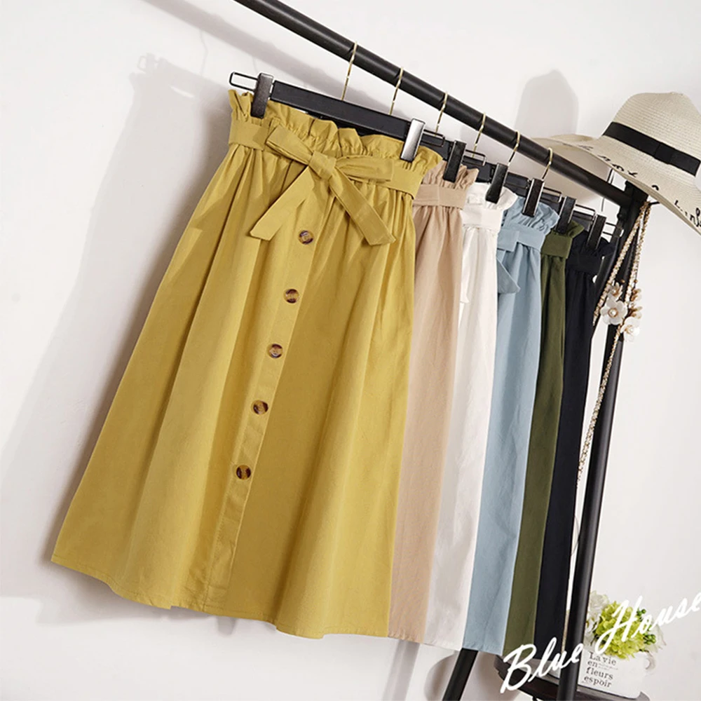 

Solid High Waist Women's Skirt OL Elegant Pockets A-Line Skirts Bow Sashes Single Breasted Midi Skirt Women Skirts Fashion 2019