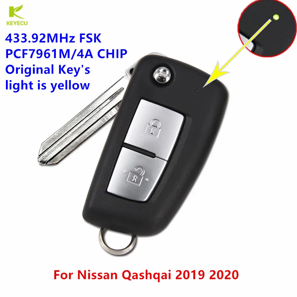 Keyecu Sostituzione Flip Remote Key Giallo Led 2 Pulsante Pcf7961M / 4A Chip 433.92Mhz Fsk Per Nissan Qashqai 2019 2020