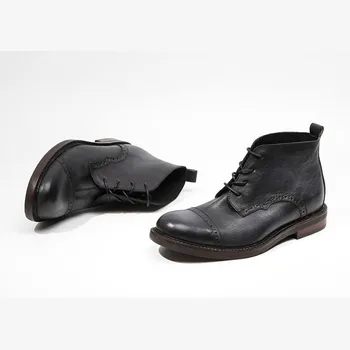 

Genuine Leather Vintage Work Ankle Shoes Men Spring Autumn Black Round Toe Booties Handmade Brogue Wing Tip Boots Men