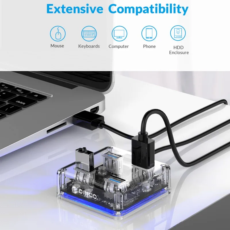Прозрачный 4 порта USB 3,0 концентратор от 1 до 4 порта USB 3,0 концентратор прозрачный USB3.0 адаптер сплиттер с Micro USB блок питания