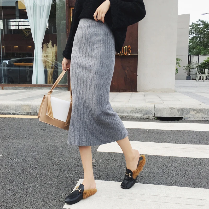 

Thick Warm Winter Knitted Sweater Skirts Japanese Sweet Twist High Waist Pleated Mid-length Knit Straight Elegant Skirt Women