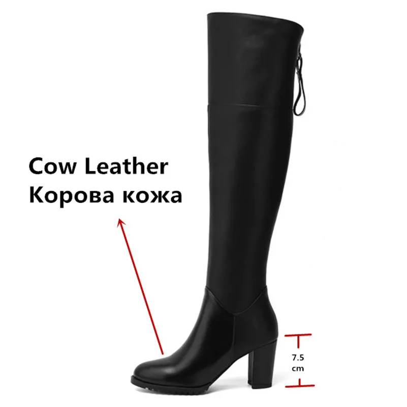 FEDONAS/черные Брендовые женские Сапоги выше колена из натуральной кожи; зимняя женская обувь на высоком каблуке с молнией; большие размеры