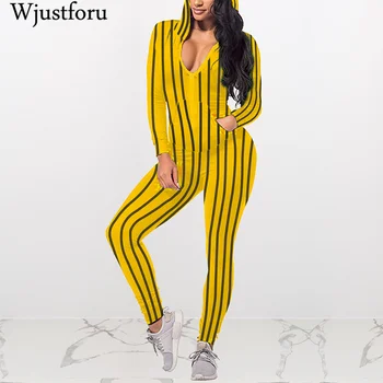 

Wjustforu Skinny Hoodies Sporting Jumpsuit For Women Casual Striped Print Bodysuit Female 5 Color long Sleeve Elegant Overalls