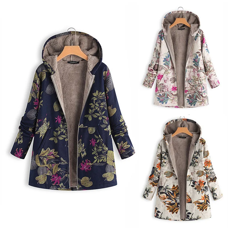 RICORIT, Женская куртка, пальто, зимняя, теплая, плюшевая, с цветочным принтом, с карманом, с капюшоном, в винтажном стиле, тонкая, Пальто, Куртки Оверсайз