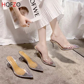 

HQFZO Bling Summer Clear Sandals High Thin Heels Sexy Transparent PVC Pumps Pointed Toe Sandals Party Shoes Zapatos Mujer