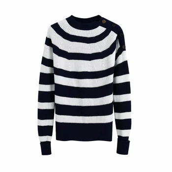 

New Round Neck Striped Sweater Sweater Women's Fashion Style College Style Round Neck Striped Sweater Curled Long Sleeves