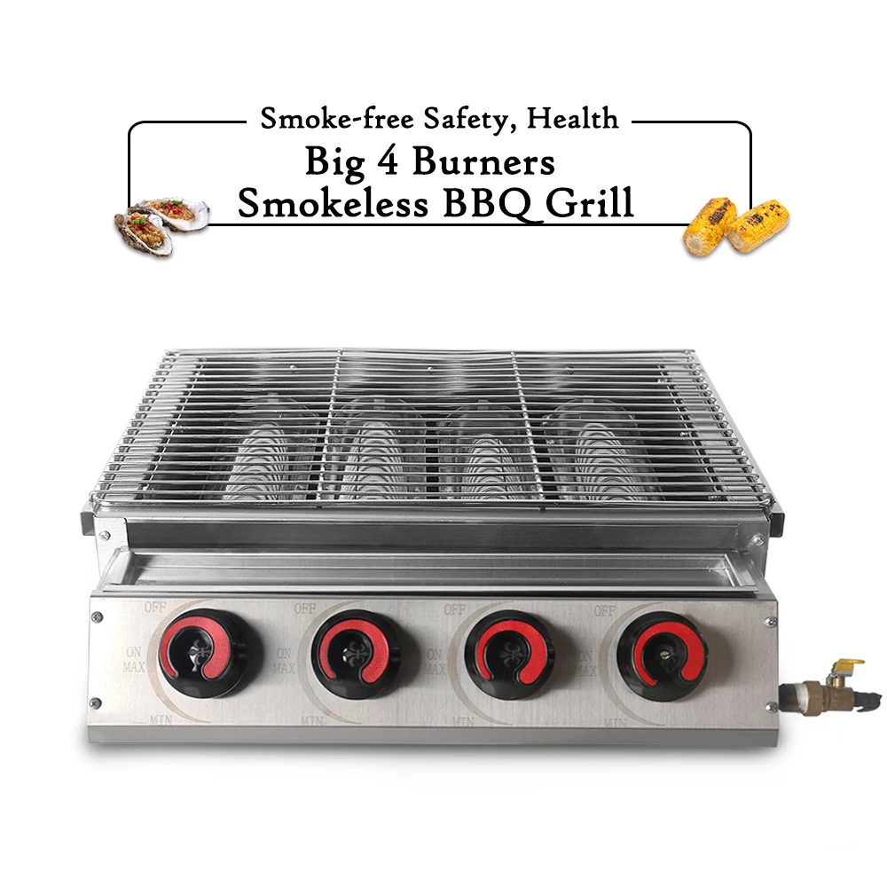 GZZT 4 Burners BBQ Grill LPG Gas Stainless Steel Barbecue For Outdoor Picnic Roasting With Glass Cover Kitchen Tool